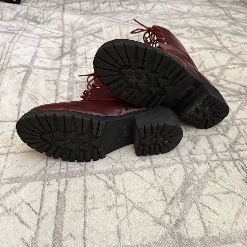 Burgundy Oxblood Lace Up Combat Boots Size 8 Chunky Lug Sole Block Heel - Picture 3 of 6